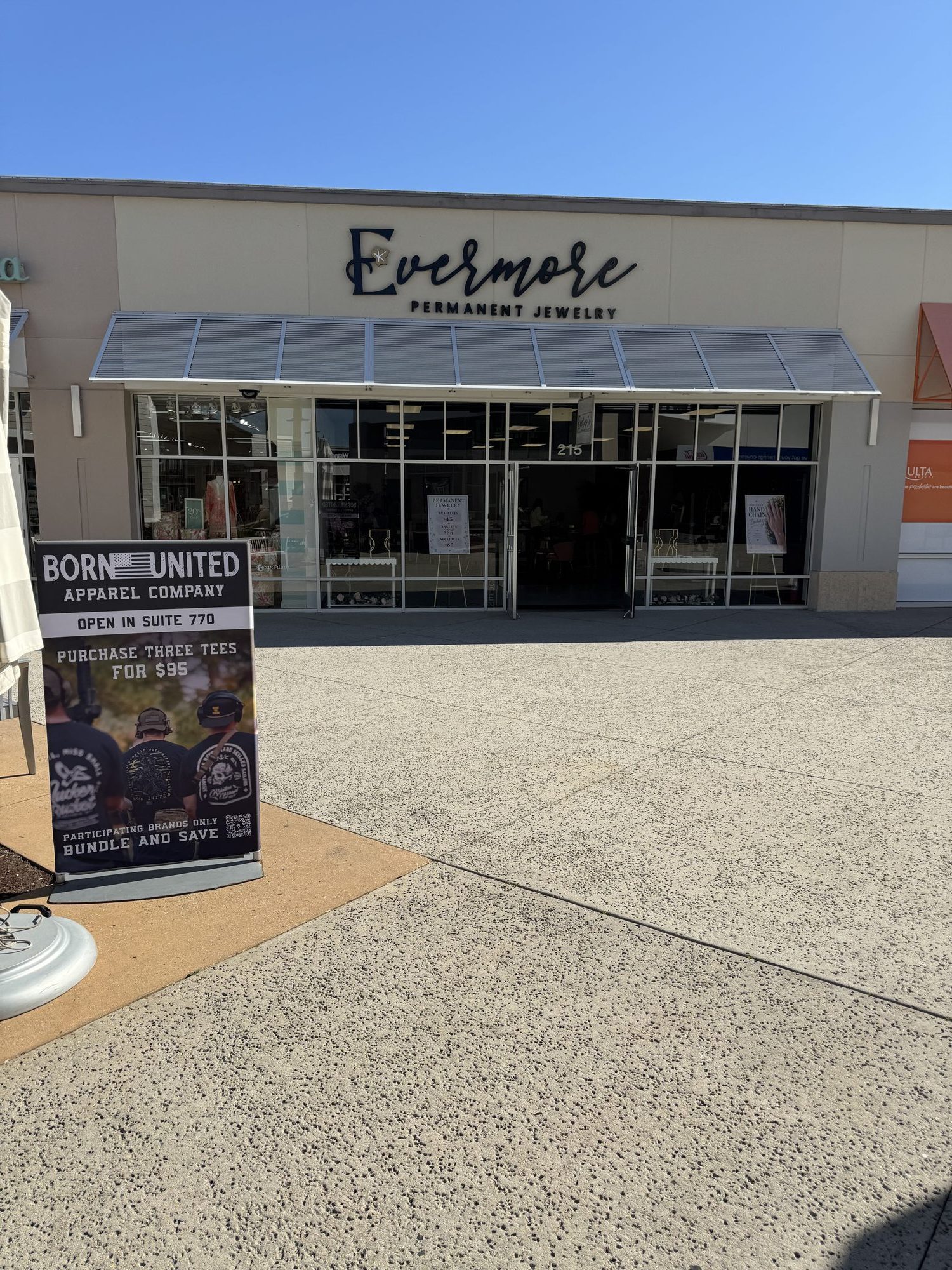 Evermore Permanent Jewelry storefront at Tanger Outlets in Myrtle Beach, SC