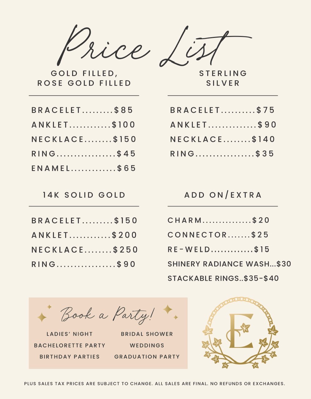 Permanent Jewelery Price List